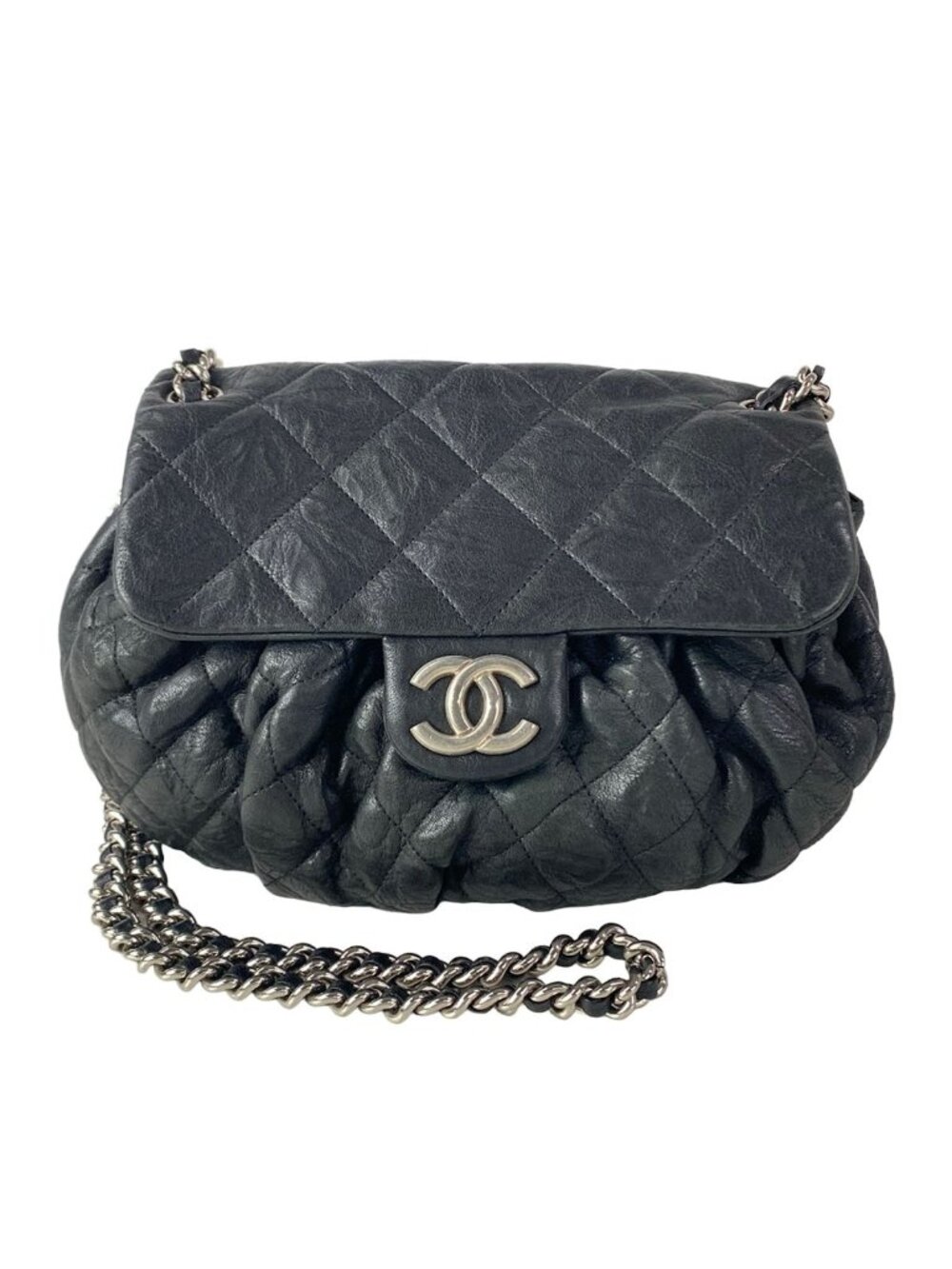 Chanel Shoulder Bag Chain Around Black Silver Leather
